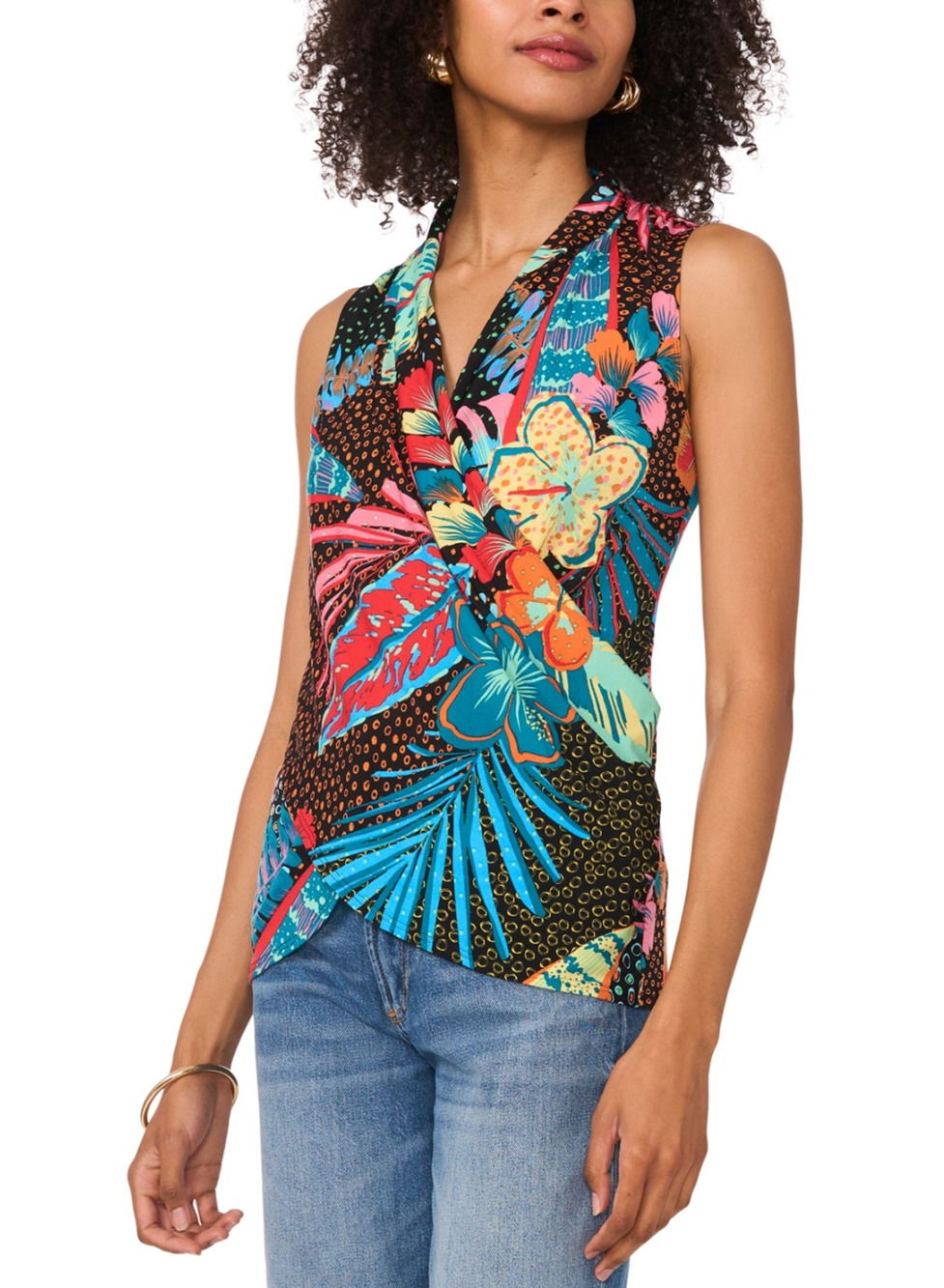 Vince Camuto Women Tropical Crossover Wrap Front Sleeveless Top Black Size S